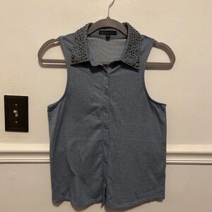 Studded Collar Blue Button-Down Top - Size S